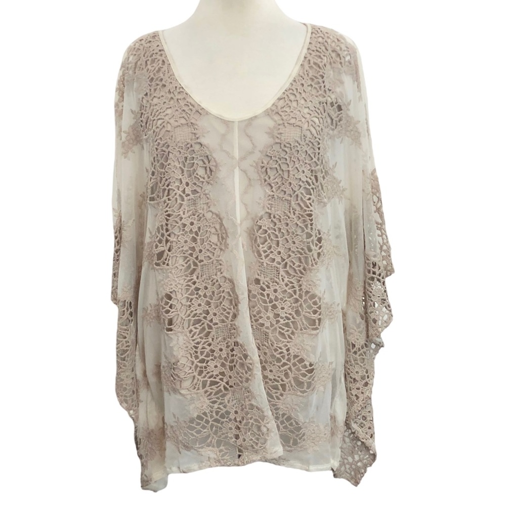 Reba Ivory Tan Embroidered Mesh Lace Poncho Tank Top Blouse Large